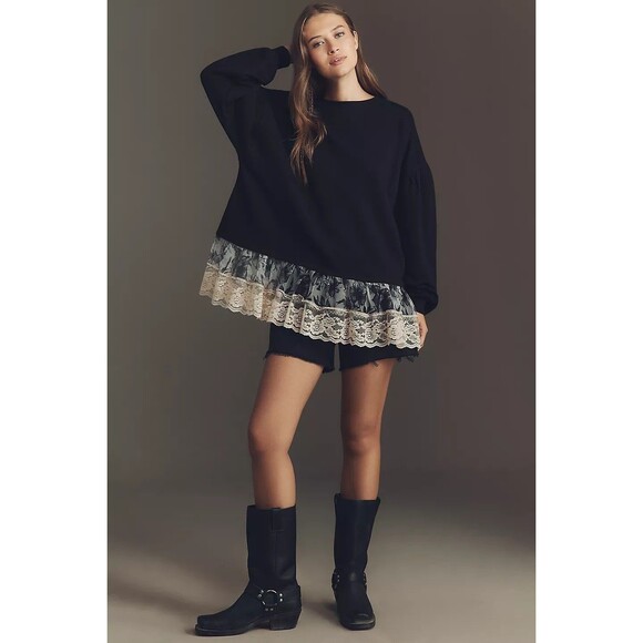 By Anthropologie Tulle-Hem Pullover Sweatshirt Top Cotton Black LP NWT 283848 - Picture 4 of 8